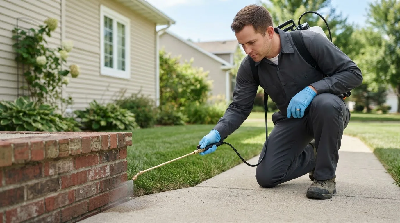 Pest control technician treating a home near North Adams, MA